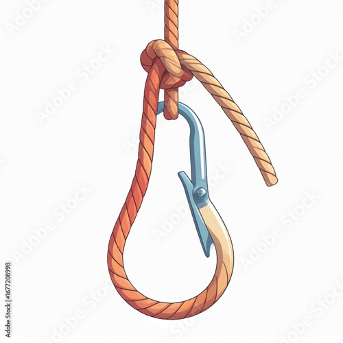 Close-up illustration of a rope with a knot and carabiner attached.