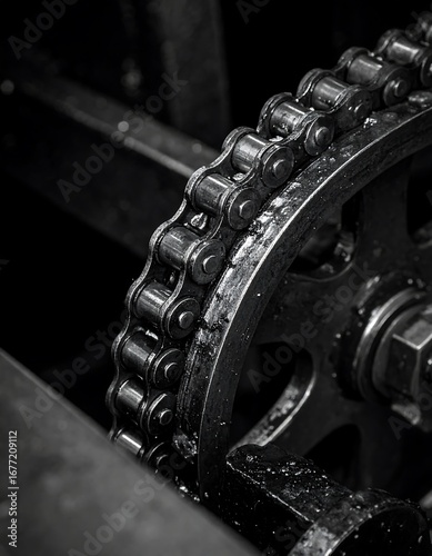 Close-up of industrial machine gears and chain