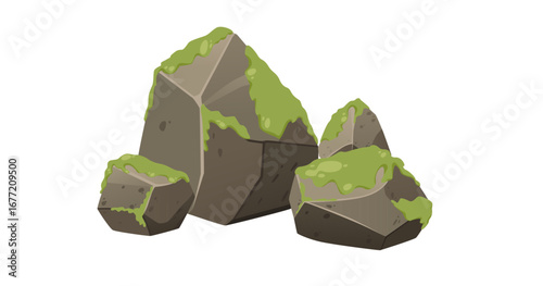 Mossy stone group with green vegetation coverage. Various sizes rocks with organic moss growth. Natural elements for ecology and nature design themes. Vector illustration isolated on white background