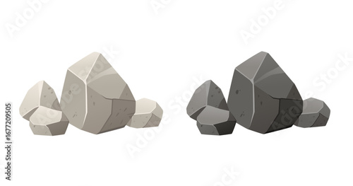 Stone collection with light and dark gray rocks. Geometric polygonal boulders in different shapes and sizes. Cartoon style mineral elements for design projects. Vector illustration isolated