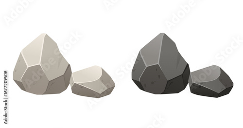 Two stone groups in light and dark variations. Geometric rock collection with faceted polygonal surfaces. Different boulder sizes in cartoon style. Game asset elements. Vector illustration