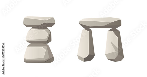 Balanced stone cairn stack and arch structure. Gray geometric rocks in equilibrium. Meditation harmony concept. Zen balance stones for mindfulness. Vector illustration isolated on white background