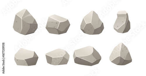 Eight cartoon stones in various shapes and sizes. Gray geometric rocks with polygonal surfaces. Rounded and angular boulder elements. Set collection for game design and illustrations. Vector graphic