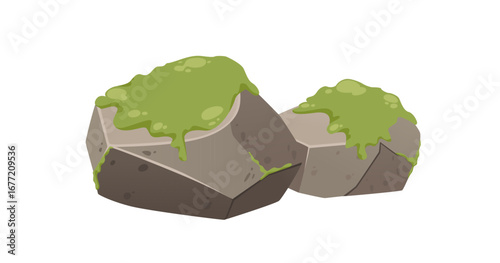 Stone rocks with green moss covering surfaces. Light and dark gray variations. Geometric polygonal shapes design. Cartoon style for game design assets. Vector illustration isolated on white background