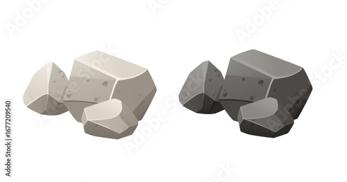 Stone rock collection in different gray shades and tones. Light and dark variations with polygonal faceted surfaces. Various sizes geometric boulder set for game design projects. Vector illustration