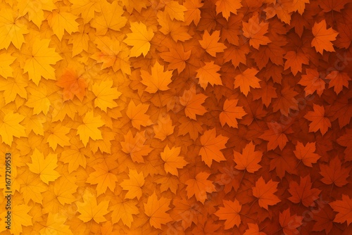 Warm orange gradient of layered maple leaves—cozy fall foliage pattern for seasonal sales, Thanksgiving, harvest posters, wrapping paper, invitations and banners.