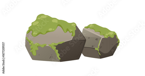 Stone rocks covered with green moss vegetation. Natural organic surfaces with vibrant growth. Environmental ecology concept for nature design project. Vector illustration isolated on white background
