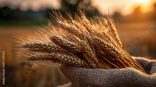 
A bundle of golden barley stalks with their distinctive long, bearded awns clearly visible