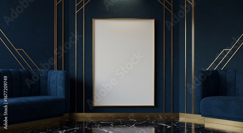 Empty vertical poster mockup with gold frame in chic Art Deco living room. Dark blue walls, velvet sofas, and black marble floor create a luxurious scene.