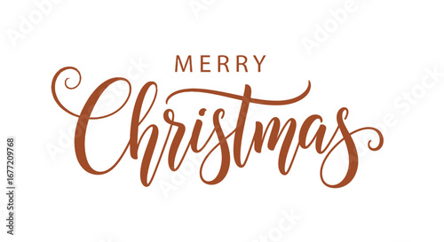 Elegant script lettering spells out "Merry Christmas" in brown against a clean white background, conveying holiday greetings.
