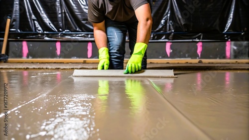 Construction worker smoothing wet concrete floor with a trowel wearing neon green gloves