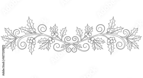Elegant symmetrical illustration of holly leaves, berries, and decorative swirls, a festive design.