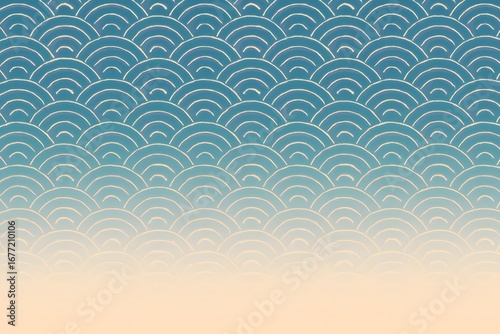 Seamless Japanese seigaiha wave pattern in calm blue gradient—minimal oriental background for packaging, fabric, branding, web headers and Zen design themes.