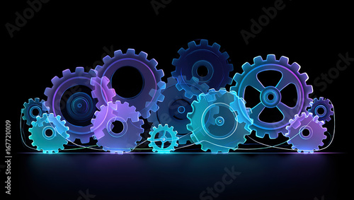 Abstract background of overlapping semi-transparent gears and subtle glowing lines, in shades of cyan and violet, minimalist design.