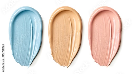 Three swatches of makeup foundation in blue beige and pink tones