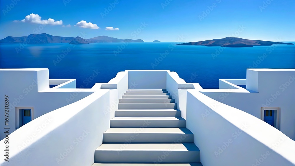 Fototapeta White staircase leading to the aegean sea and islands