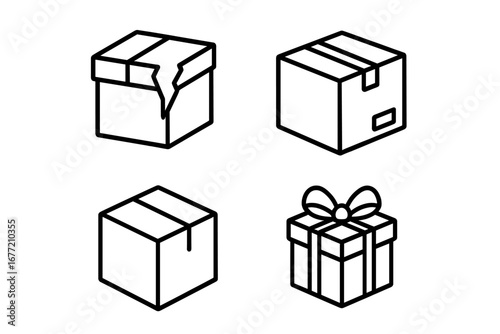 Box line icon set for delivery and shipping. Vector icons of parcel, package, broken container, and giftbox. Outline symbols for logistics, e-commerce, web design, and apps.