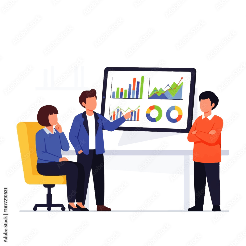 Fototapeta premium A businessman presents financial data on a large tablet to a focused team, showcasing positive growth and collaborative analysis in a modern office setting.