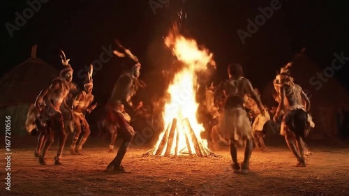 African Tribe Dancing Around Fire