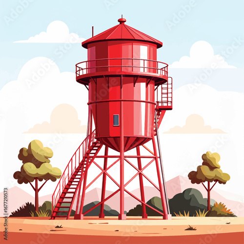 A vibrant red water tower stands tall against a serene landscape, showcasing a metal structure with stairs and surrounding vegetation.