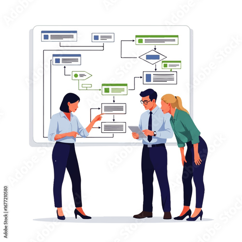 A business team collaborates on a flowchart, strategizing and planning a project with focused determination in a modern office setting.