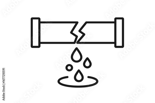 Broken pipe water leak icon. Vector symbol of a burst pipeline with dripping water and a puddle. Concept of plumbing emergency, leakage, damage, and need for repair.