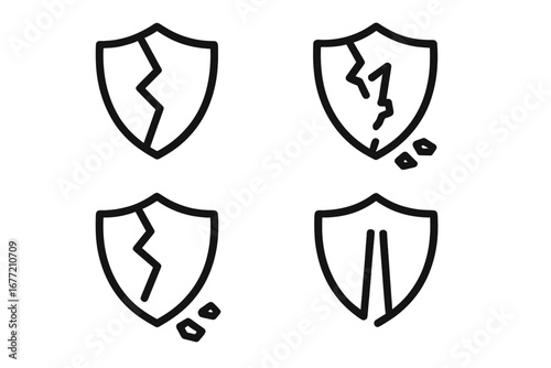 Broken shield icon set. Concept of vulnerability, risk, and security failure. Vector outline symbols for data breach, cyber attack, or unprotected system. Modern line art.