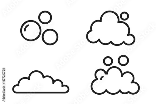 Bubble and foam minimalist icon set. Vector line art of soap suds, lather, and fizz. Cleaning, washing, hygiene symbol. Graphic design element for web, app, and banner.