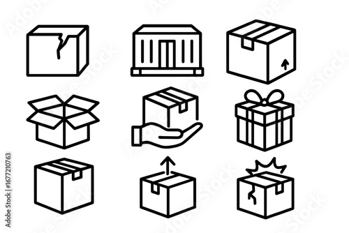 Boxes and shipping line icon set. Vector outline signs of delivery, package, parcel, container, and giftbox. Includes broken, open, fragile, and warehouse symbols. Logistics.