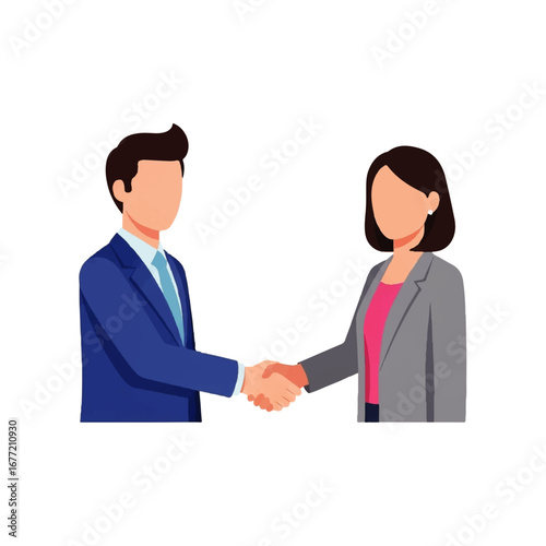 A businessman and businesswoman shake hands, signifying a successful business partnership against a white background.
