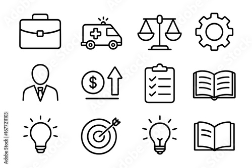 Business line icon set with finance, justice, and medical symbols. Outline vector pack includes briefcase, ambulance, scales, target, and lightbulb for web, apps and infographics.