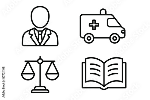 Law and justice thin line icon set. Businessman, ambulance, legal scales, and book icons. Vector symbols for legal services, medical emergency, business, and education concepts.