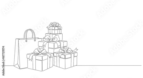 Minimalist line art illustration of a shopping bag next to a stack of wrapped gift boxes, all tied with decorative ribbons.