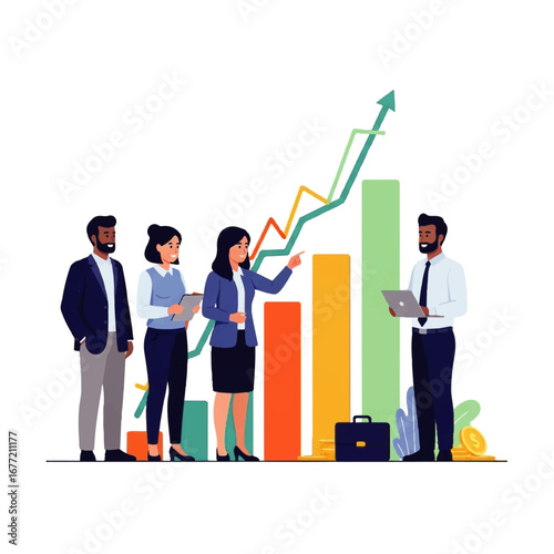 A diverse business team celebrates upward trending growth, pointing to a bar graph illustrating significant financial success.