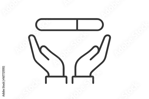 Hands under a progress bar line icon. Metaphor for waiting, loading time, patience, expectation, process, update, download, upload. Vector symbol for website, UI, UX, app design.