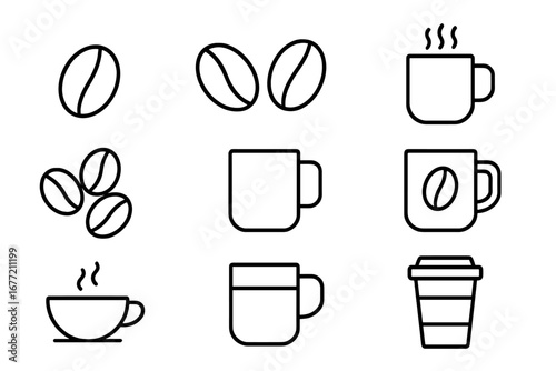 Coffee line icon set. Vector collection of outline symbols. Cafe, espresso, latte, cappuccino, mug, cup, beans. Hot drink, beverage signs for web, app, menu design. Caffeine.