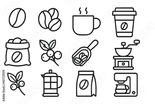 Coffee line icon set. Barista, cafe, and coffee shop outline symbols. Vector pictogram collection of bean, mug, cup, grinder, maker, french press, and plant for web design.
