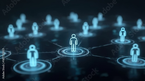 Digital representation of human connection network with glowing silhouettes on dark background illustrating social interaction and communication in the virtual space