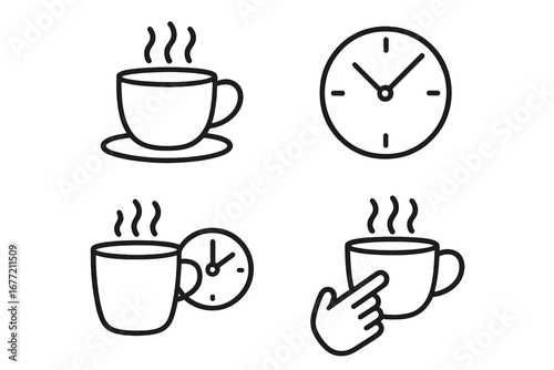 Coffee break line icon set. Coffee time concept. Hot drink cup, mug, and clock pictograms. Vector outline symbols for web, ui, app design. Office pause, morning energy boost.