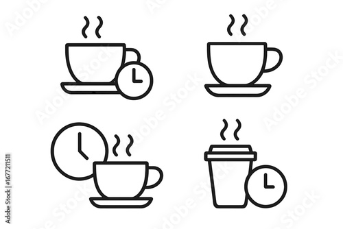 Coffee break time line icon set. Vector collection of coffee cup and clock outline symbols. Concept for cafe, office break, morning routine, tea time. Graphic for web design.