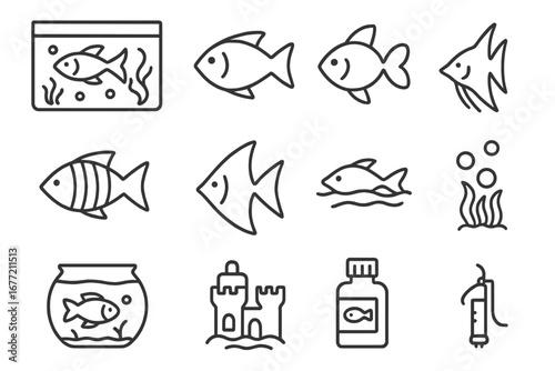 Aquarium and pet fish line icon set. Collection of fishkeeping vector pictograms for web and graphic design. Includes fish tank, bowl, food, filter, angelfish and decor.