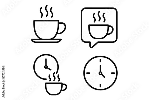 Coffee break line icon set. Minimalist outline symbols of cup and clock for web and app design. Vector concept for pause, time management, relaxation, and office routine.