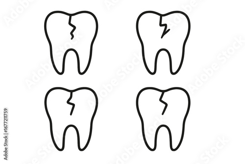 Cracked tooth simple line icon set. Broken tooth, dental problem concept. Tooth decay, caries, toothache, pain symbol. Vector illustration for medical and dental design.