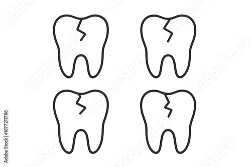 Cracked tooth icon collection. Dental problem concept with broken teeth. Simple outline vector illustration for dentistry, stomatology, and oral health care. Linear symbol.