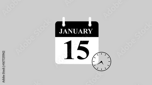 Futuristic January 15 calendar icon featuring dynamic watch animation. High-Resolution motion graphics template for digital scheduling, smart reminders, countdown interfaces, and timeline.