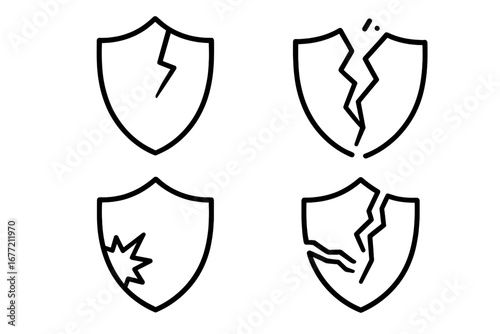 Broken shield icon set. Line art symbols of cracked, damaged shields. Concept of vulnerability, security failure, data breach, risk, unprotected defense. Vector pictogram.