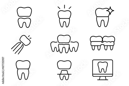Dental crown thin line icon set. Dentistry, stomatology signs. Tooth restoration, implant, bridge, oral care symbols for web, apps. Vector outline dental treatment concept.