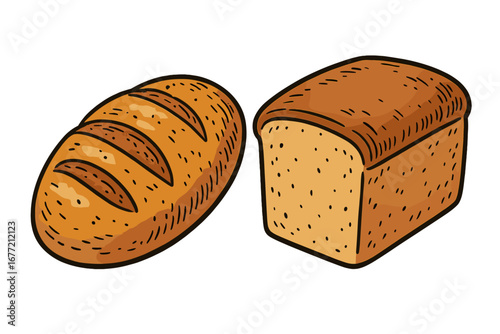 Two bread loaves vector illustration. Cartoon drawing of rustic round bread and sliced toast bread. Bakery food concept icon set for baking, breakfast, and sandwich making.