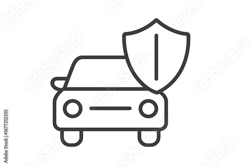 Car insurance concept with shield. Vehicle protection and safety symbol. Auto security service sign. Automobile guarantee icon for web and graphic design. Thin line vector illustration.