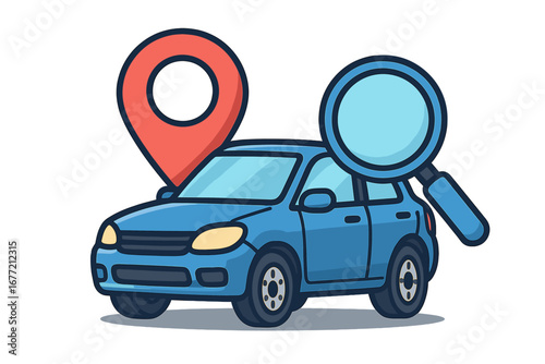 Car search and vehicle location icon. Auto finder with magnifying glass and map pin. GPS tracking for rental or dealership. Automotive inspection and sales concept vector.